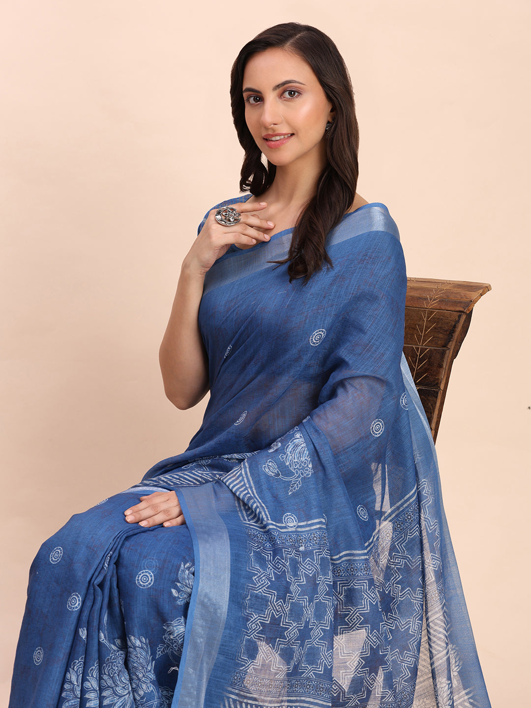 Astita Indigo Blue Cotton Cotton Saree with Tribal Floral Print | Bold Ethnic Design | Lightweight Casual & Festive Saree for Women