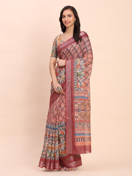 Astita Rust Cotton Cotton Saree with Tribal Floral Print | Bold Ethnic Design | Lightweight Casual & Festive Saree for Women