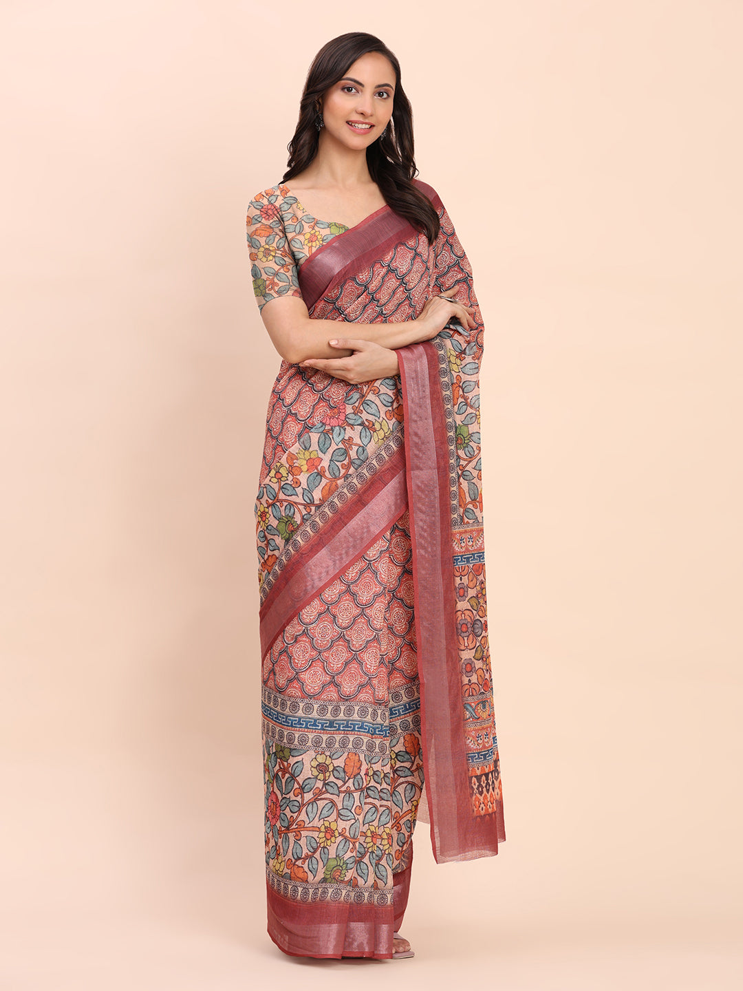 Astita Rust Cotton Cotton Saree with Tribal Floral Print | Bold Ethnic Design | Lightweight Casual & Festive Saree for Women