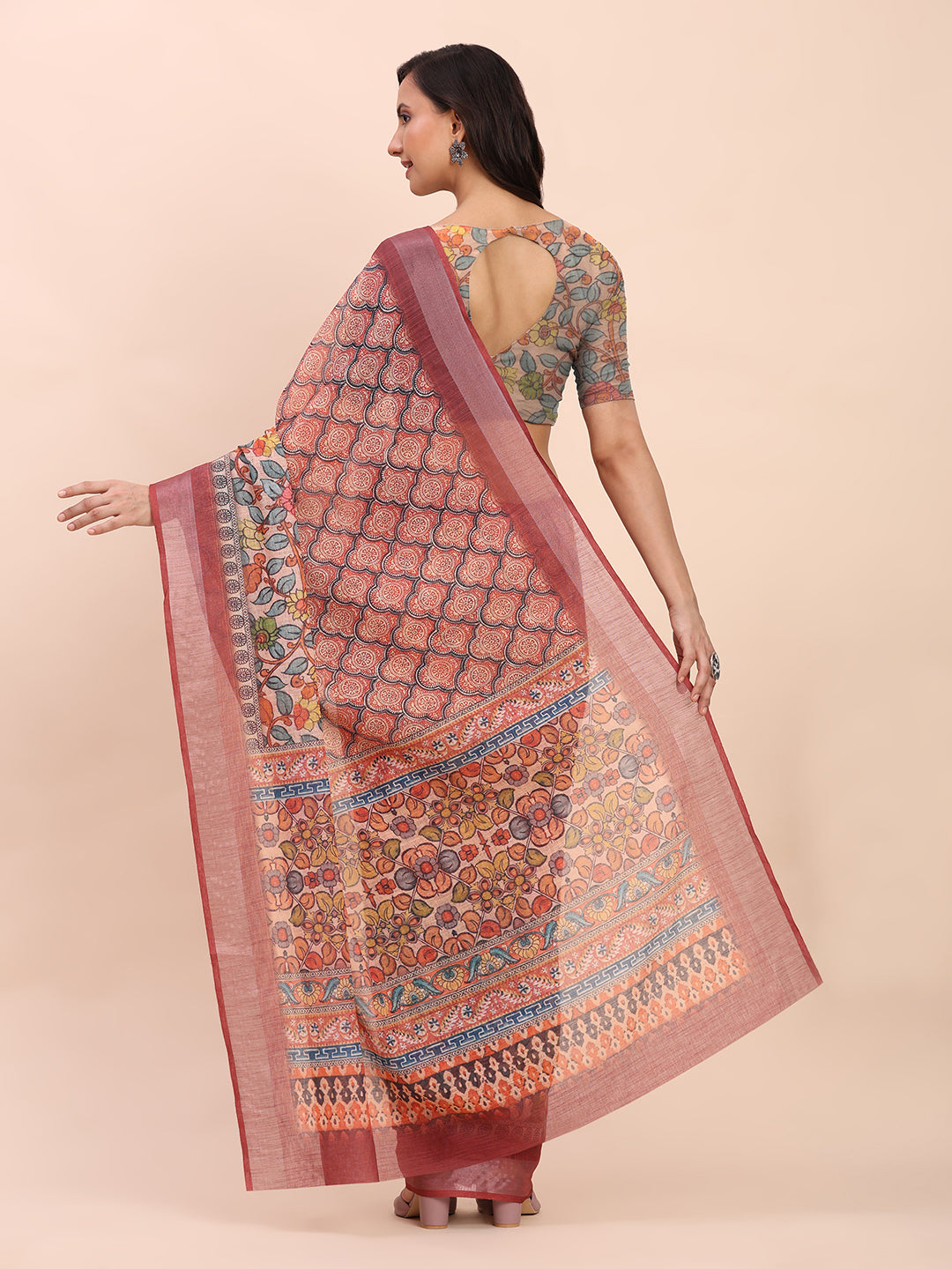 Astita Rust Cotton Cotton Saree with Tribal Floral Print | Bold Ethnic Design | Lightweight Casual & Festive Saree for Women