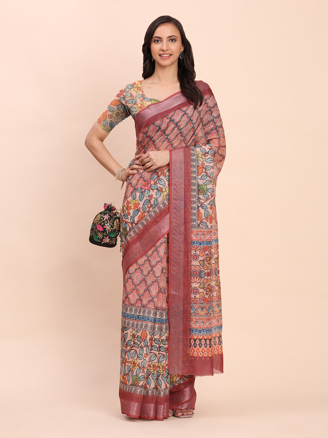 Astita Rust Cotton Cotton Saree with Tribal Floral Print | Bold Ethnic Design | Lightweight Casual & Festive Saree for Women