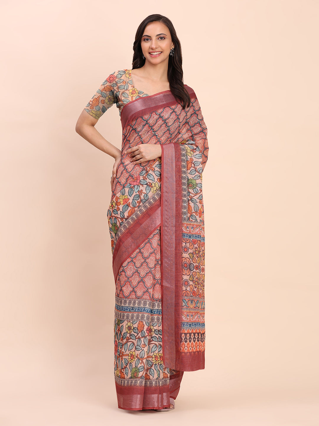 Astita Rust Cotton Cotton Saree with Tribal Floral Print | Bold Ethnic Design | Lightweight Casual & Festive Saree for Women