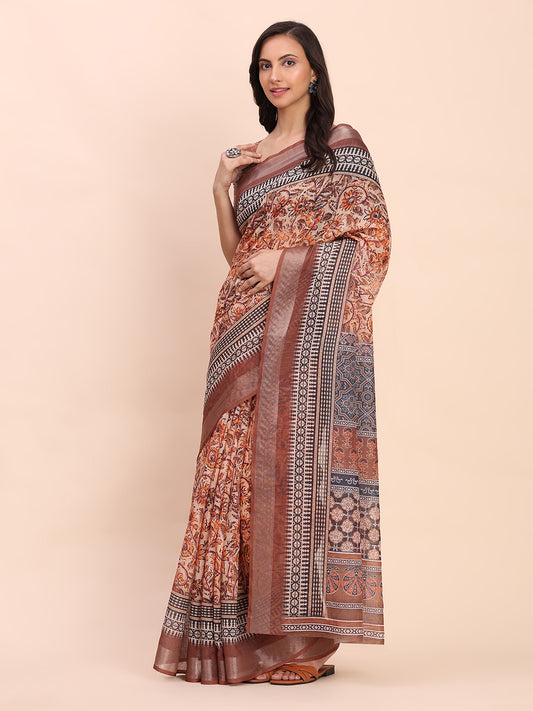 Astita Brown Cotton Cotton Saree with Tribal Floral Print | Bold Ethnic Design | Lightweight Casual & Festive Saree for Women