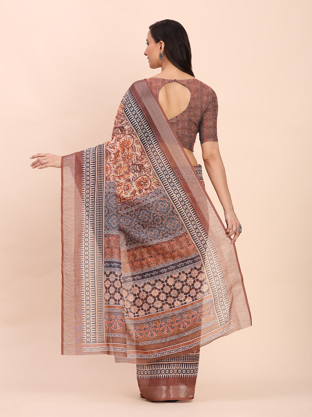 Astita Brown Cotton Cotton Saree with Tribal Floral Print | Bold Ethnic Design | Lightweight Casual & Festive Saree for Women