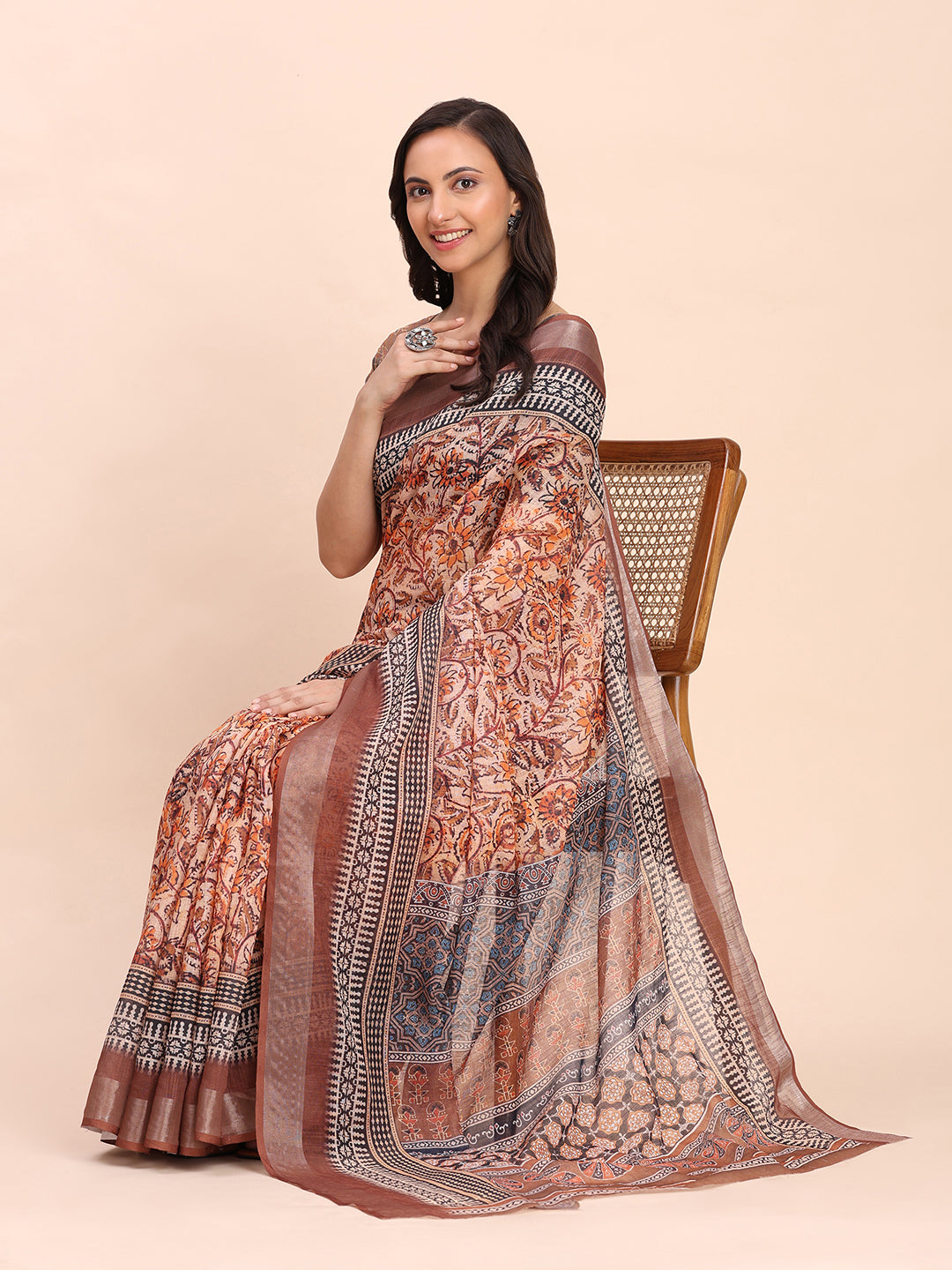 Astita Brown Cotton Cotton Saree with Tribal Floral Print | Bold Ethnic Design | Lightweight Casual & Festive Saree for Women