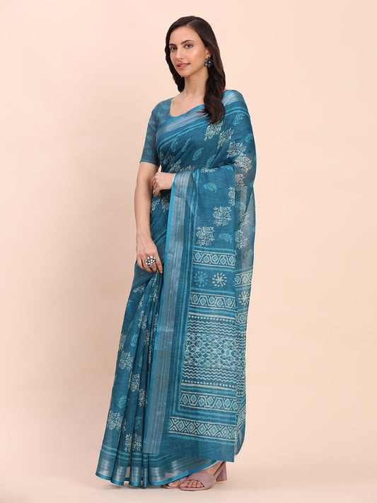 Astita Sea Green Cotton Cotton Saree with Tribal Floral Print | Bold Ethnic Design | Lightweight Casual & Festive Saree for Women
