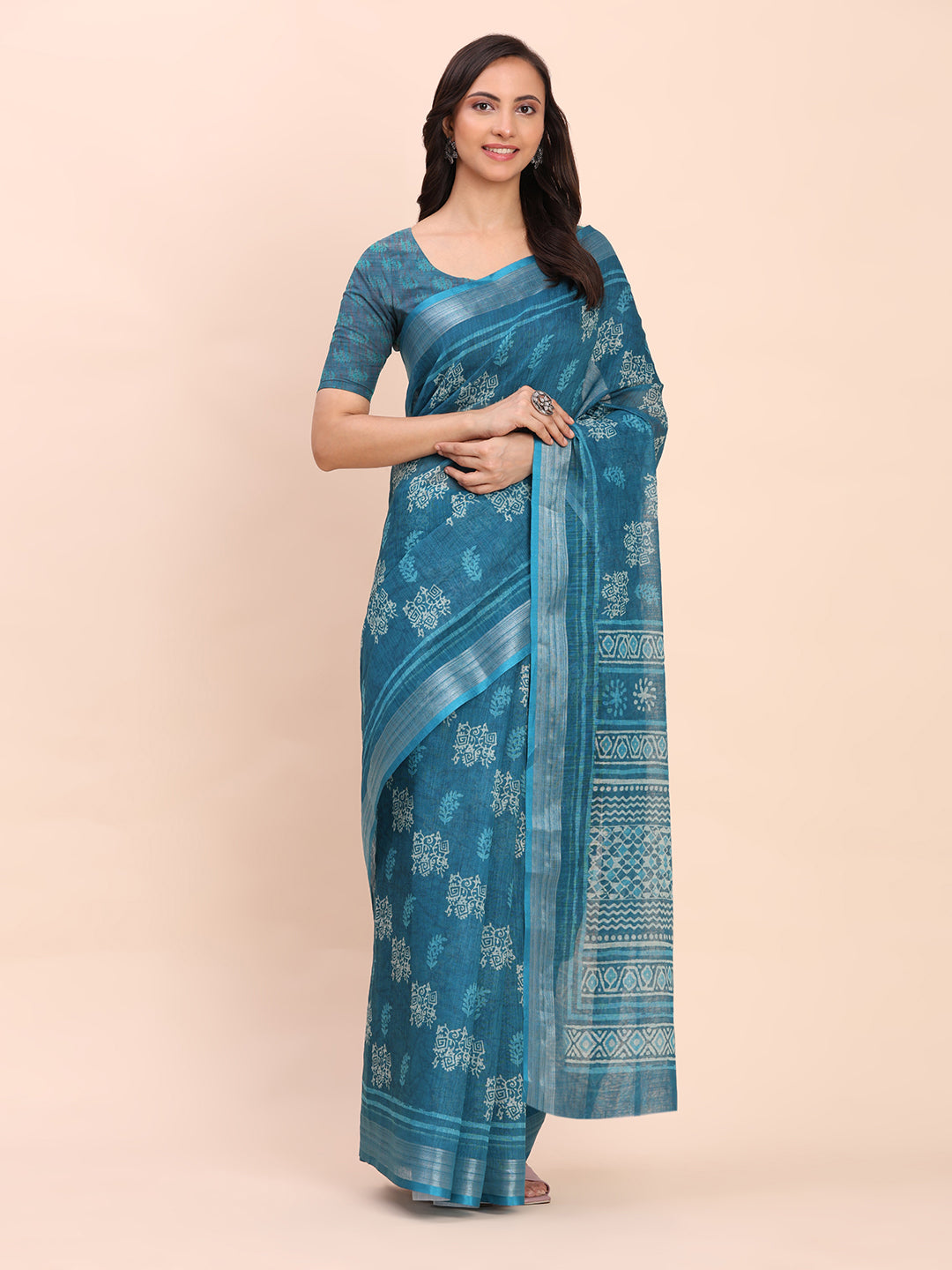 Astita Sea Green Cotton Cotton Saree with Tribal Floral Print | Bold Ethnic Design | Lightweight Casual & Festive Saree for Women