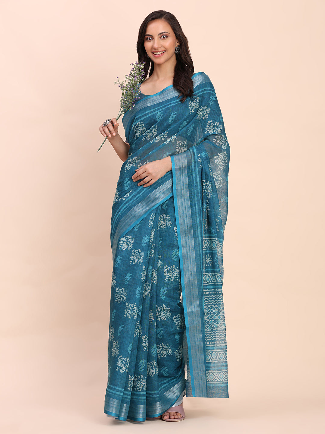 Astita Sea Green Cotton Cotton Saree with Tribal Floral Print | Bold Ethnic Design | Lightweight Casual & Festive Saree for Women