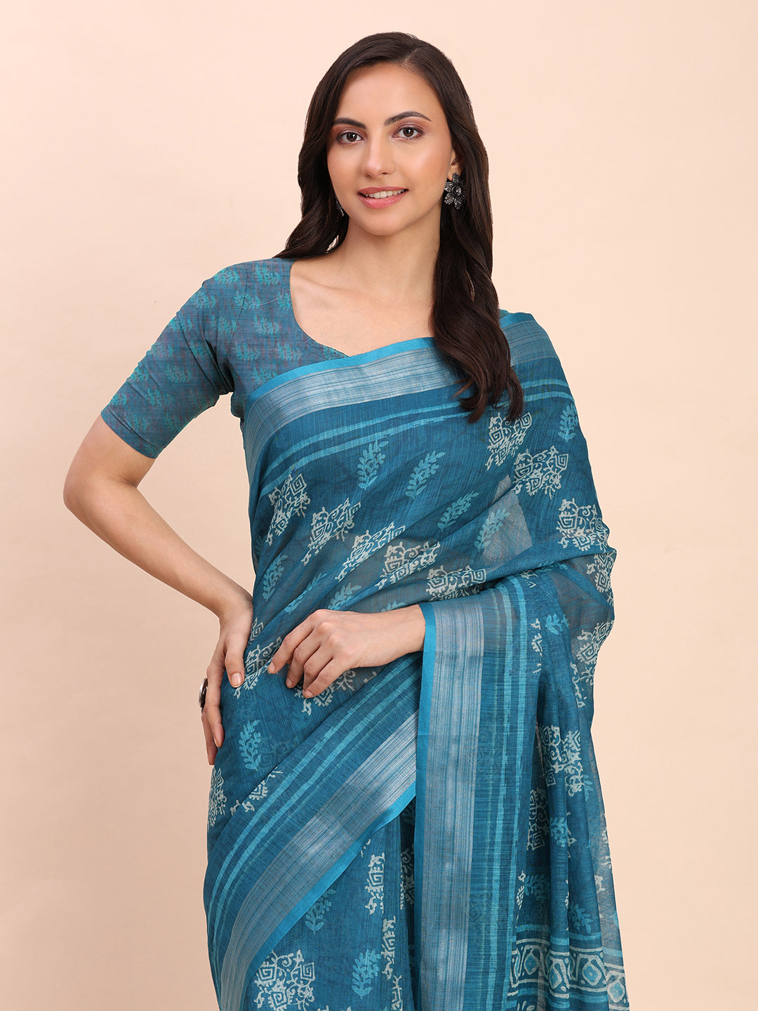 Astita Sea Green Cotton Cotton Saree with Tribal Floral Print | Bold Ethnic Design | Lightweight Casual & Festive Saree for Women