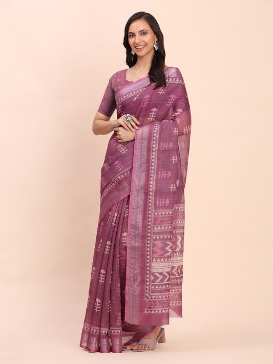 Astita Purple Cotton Cotton Saree with Tribal Floral Print | Bold Ethnic Design | Lightweight Casual & Festive Saree for Women