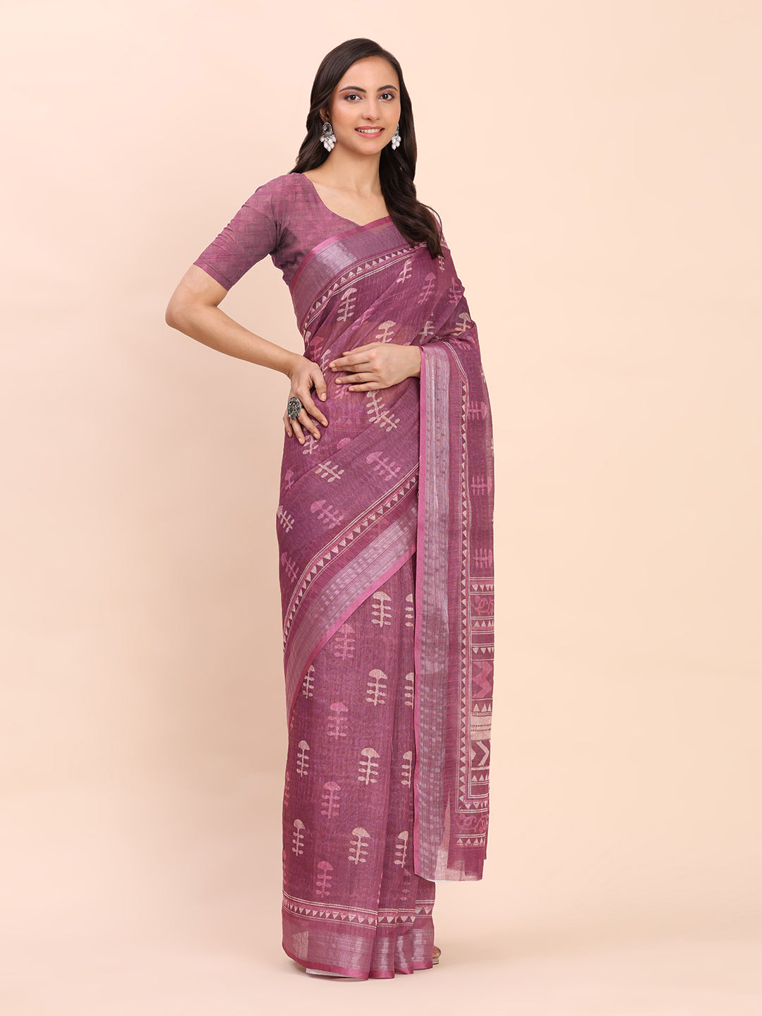 Astita Purple Cotton Cotton Saree with Tribal Floral Print | Bold Ethnic Design | Lightweight Casual & Festive Saree for Women