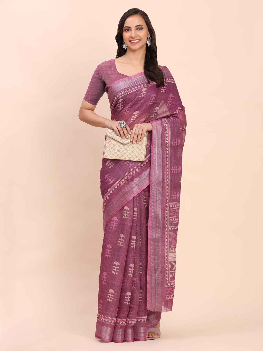 Astita Purple Cotton Cotton Saree with Tribal Floral Print | Bold Ethnic Design | Lightweight Casual & Festive Saree for Women
