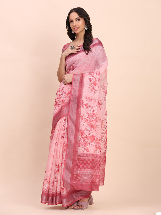 Astita Light Pink Cotton Cotton Saree with Tribal Floral Print | Bold Ethnic Design | Lightweight Casual & Festive Saree for Women