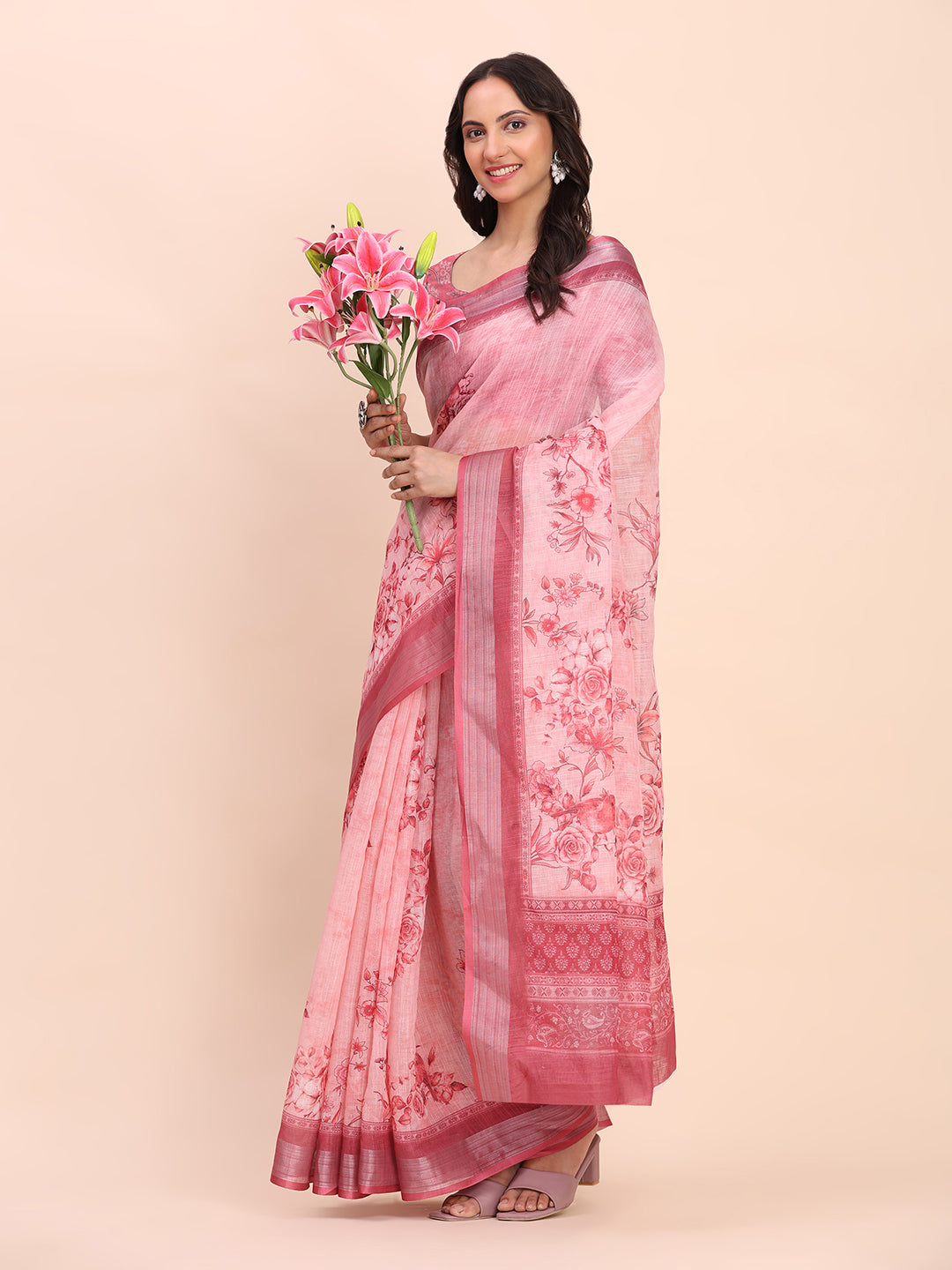 Astita Light Pink Cotton Cotton Saree with Tribal Floral Print | Bold Ethnic Design | Lightweight Casual & Festive Saree for Women