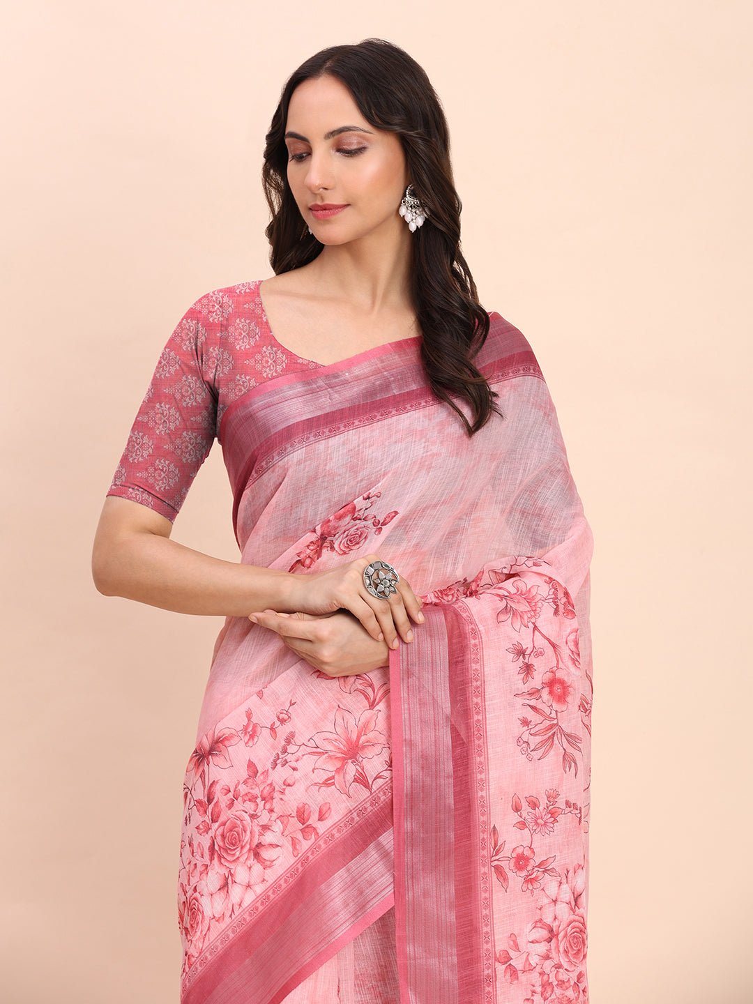 Astita Light Pink Cotton Cotton Saree with Tribal Floral Print | Bold Ethnic Design | Lightweight Casual & Festive Saree for Women