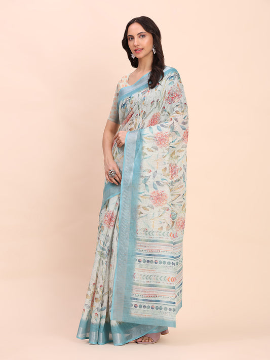 Astita Sky Blue Cotton Cotton Saree with Tribal Floral Print | Bold Ethnic Design | Lightweight Casual & Festive Saree for Women