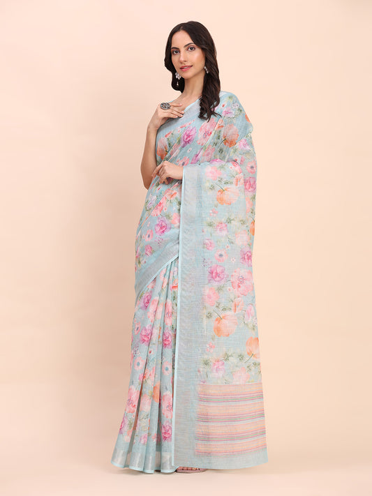 Astita Sea Green Cotton Cotton Saree with Tribal Floral Print | Bold Ethnic Design | Lightweight Casual & Festive Saree for Women