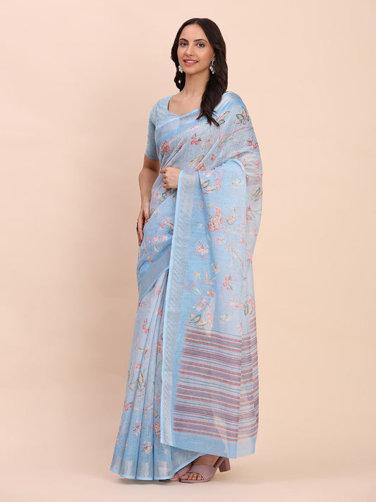 Astita Sky Blue Cotton Cotton Saree with Tribal Floral Print | Bold Ethnic Design | Lightweight Casual & Festive Saree for Women