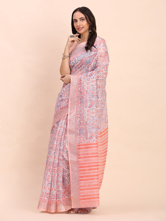 Astita Teal Cotton Cotton Saree with Tribal Floral Print | Bold Ethnic Design | Lightweight Casual & Festive Saree for Women