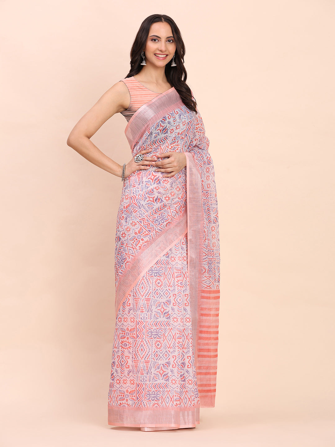 Astita Teal Cotton Cotton Saree with Tribal Floral Print | Bold Ethnic Design | Lightweight Casual & Festive Saree for Women