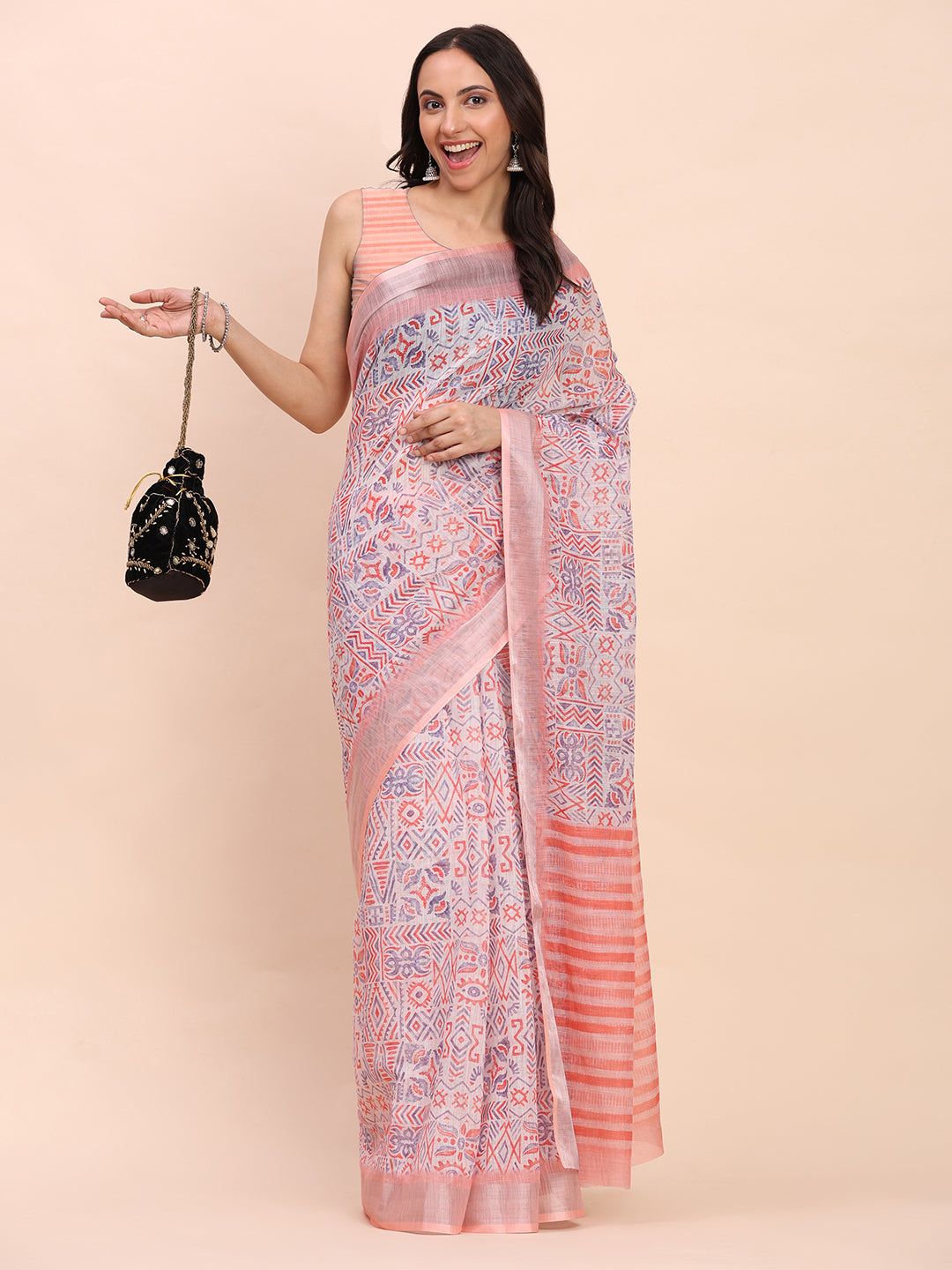 Astita Teal Cotton Cotton Saree with Tribal Floral Print | Bold Ethnic Design | Lightweight Casual & Festive Saree for Women