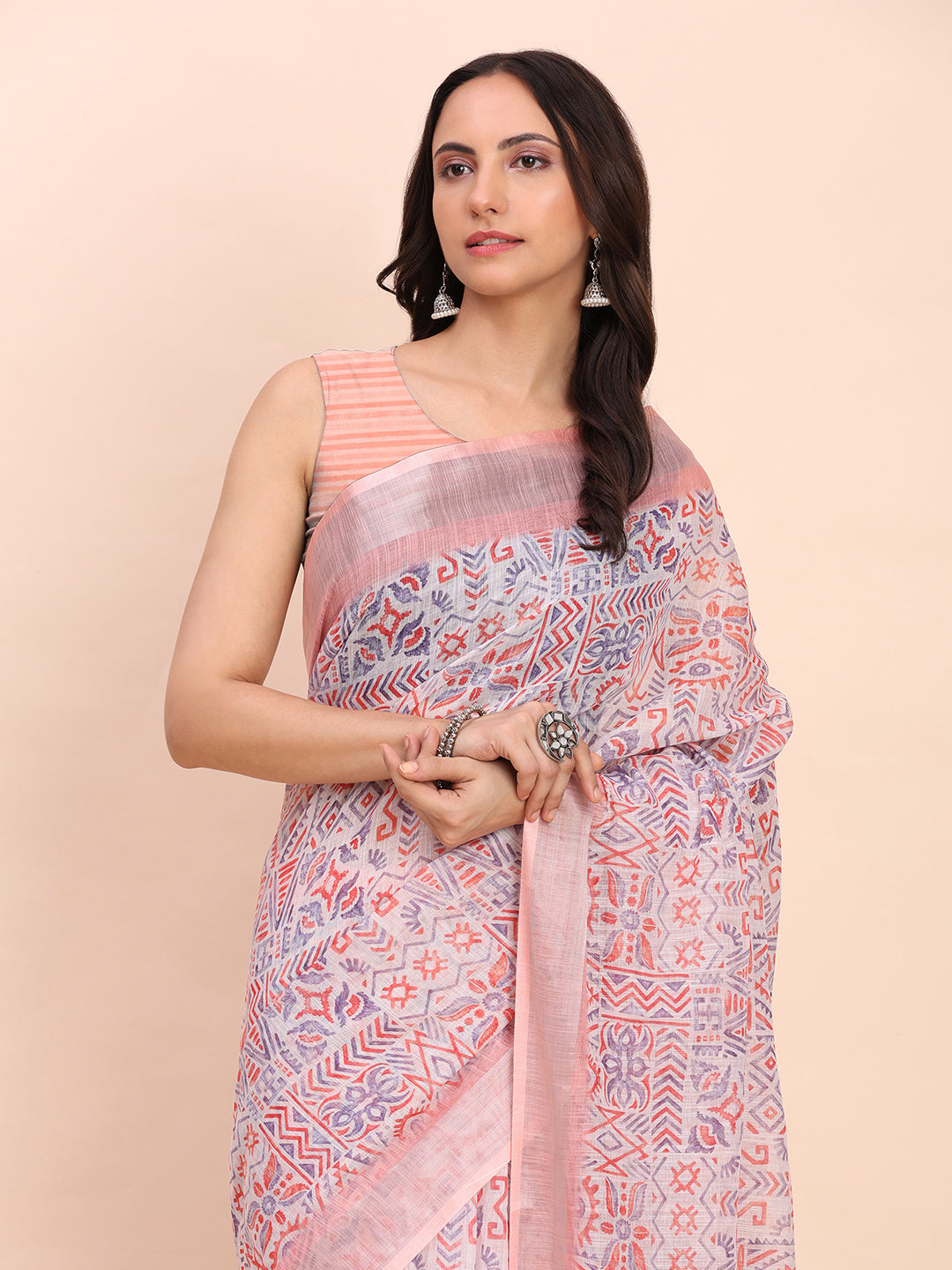 Astita Teal Cotton Cotton Saree with Tribal Floral Print | Bold Ethnic Design | Lightweight Casual & Festive Saree for Women