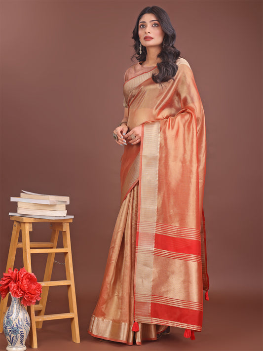 Astita Elegant Orange & Red Organza Saree with Rich Zari Border & Pallu Tassels | Premium Partywear Saree for Women