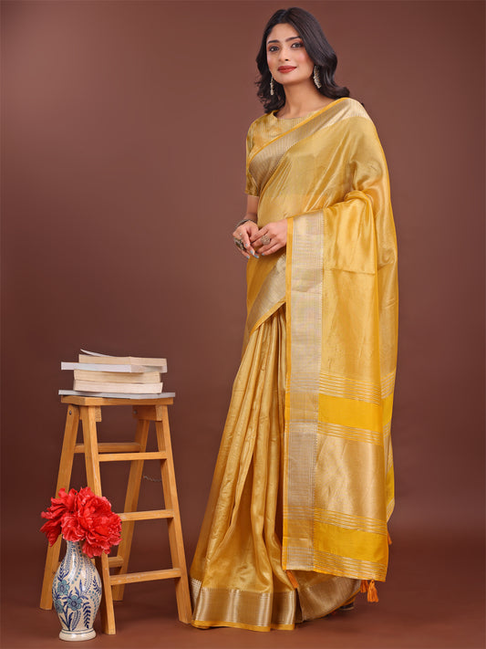Astita Elegant Yellow & Yellow Organza Saree with Rich Zari Border & Pallu Tassels | Premium Partywear Saree for Women