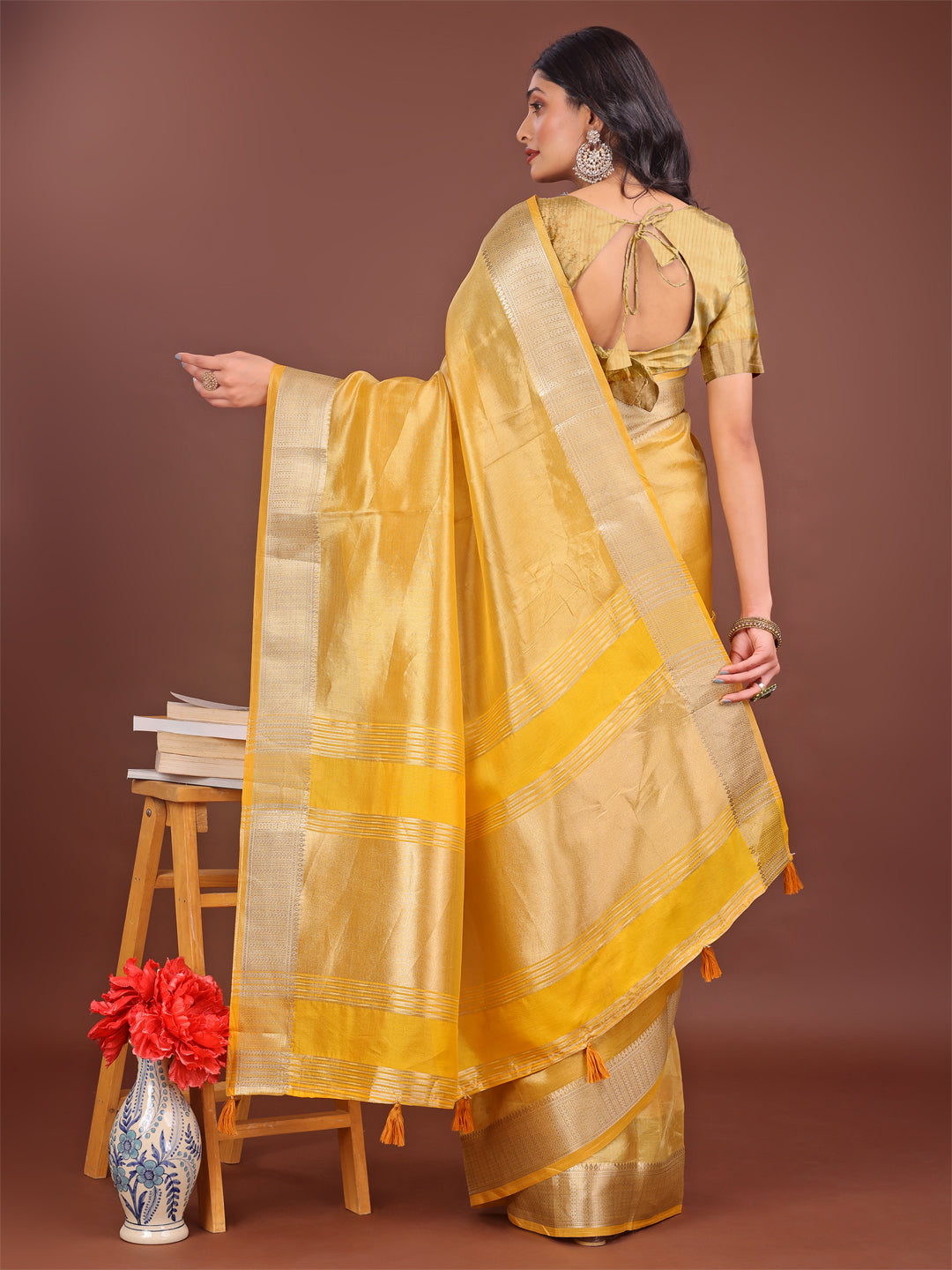 Astita Elegant Yellow & Yellow Organza Saree with Rich Zari Border & Pallu Tassels | Premium Partywear Saree for Women