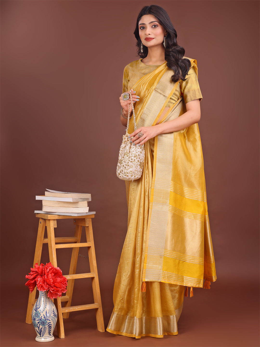 Astita Elegant Yellow & Yellow Organza Saree with Rich Zari Border & Pallu Tassels | Premium Partywear Saree for Women