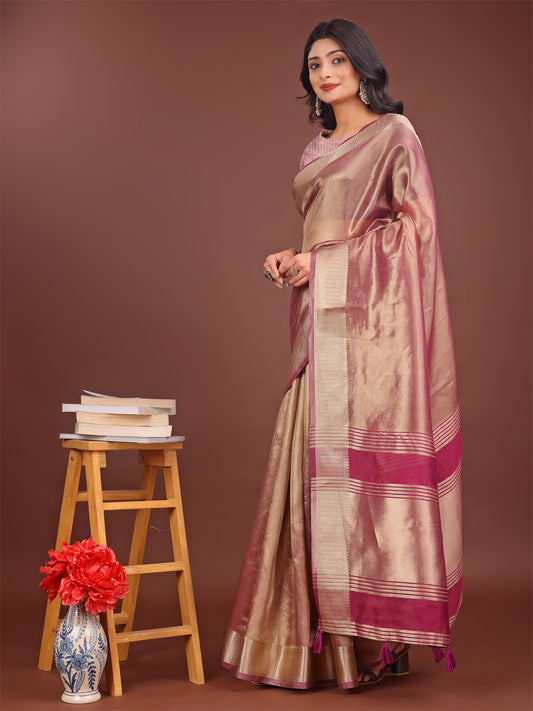 Astita Elegant Light Pink & Magenta Organza Saree with Rich Zari Border & Pallu Tassels | Premium Partywear Saree for Women