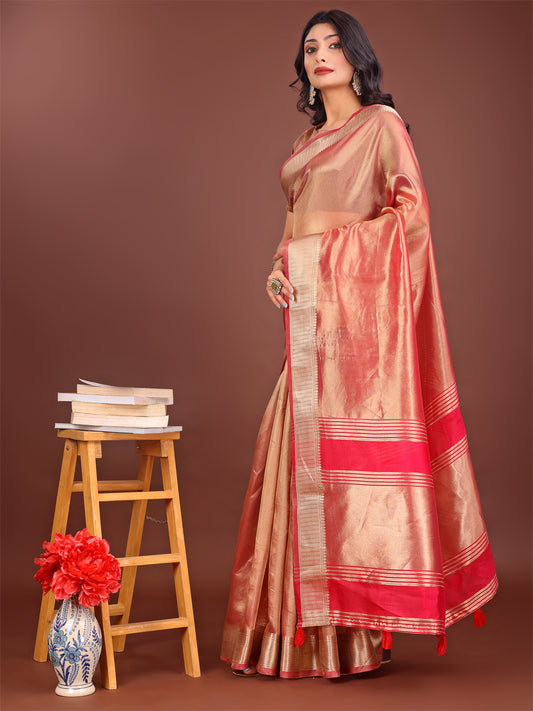 Astita Elegant Orange & Pink Organza Saree with Rich Zari Border & Pallu Tassels | Premium Partywear Saree for Women