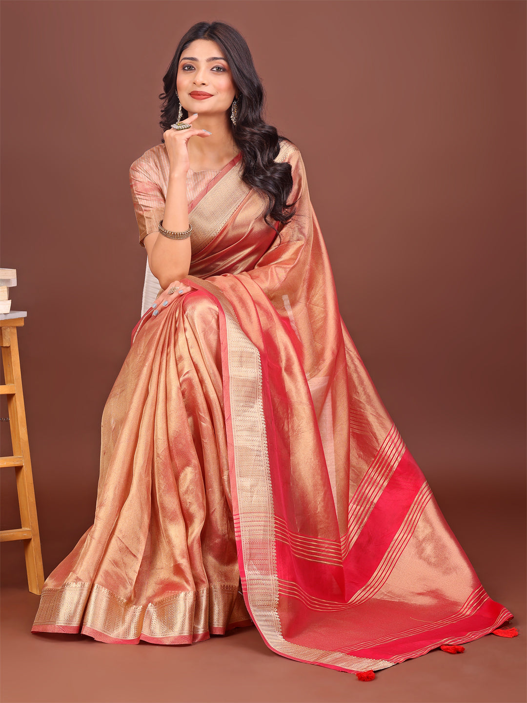 Astita Elegant Orange & Pink Organza Saree with Rich Zari Border & Pallu Tassels | Premium Partywear Saree for Women
