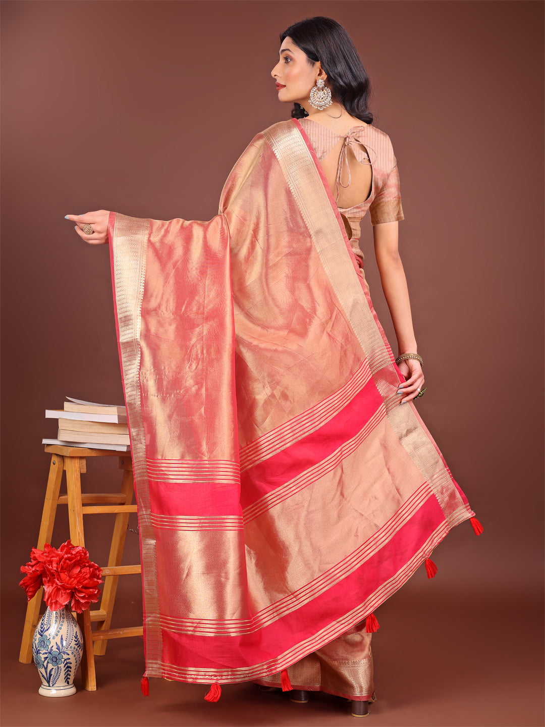 Astita Elegant Orange & Pink Organza Saree with Rich Zari Border & Pallu Tassels | Premium Partywear Saree for Women