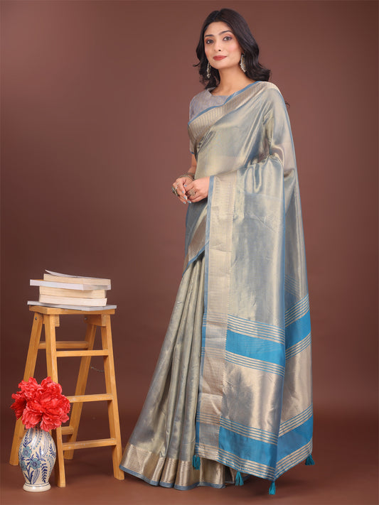 Astita Elegant Grey & Sky Blue Organza Saree with Rich Zari Border & Pallu Tassels | Premium Partywear Saree for Women