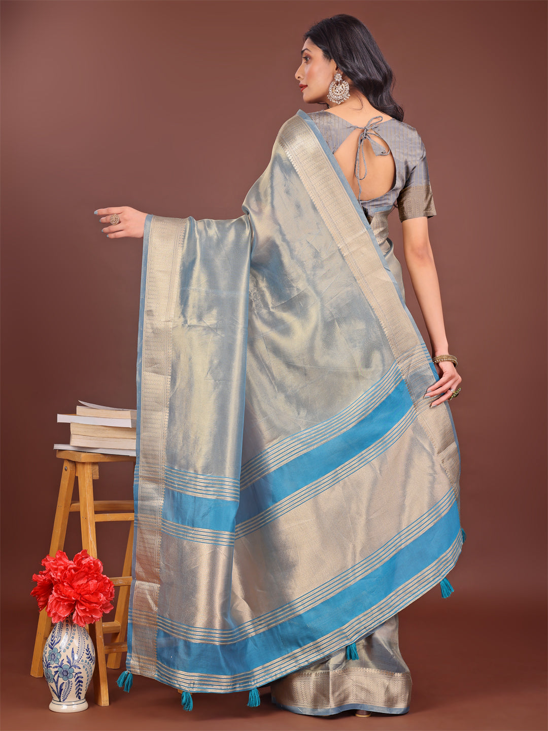 Astita Elegant Grey & Sky Blue Organza Saree with Rich Zari Border & Pallu Tassels | Premium Partywear Saree for Women