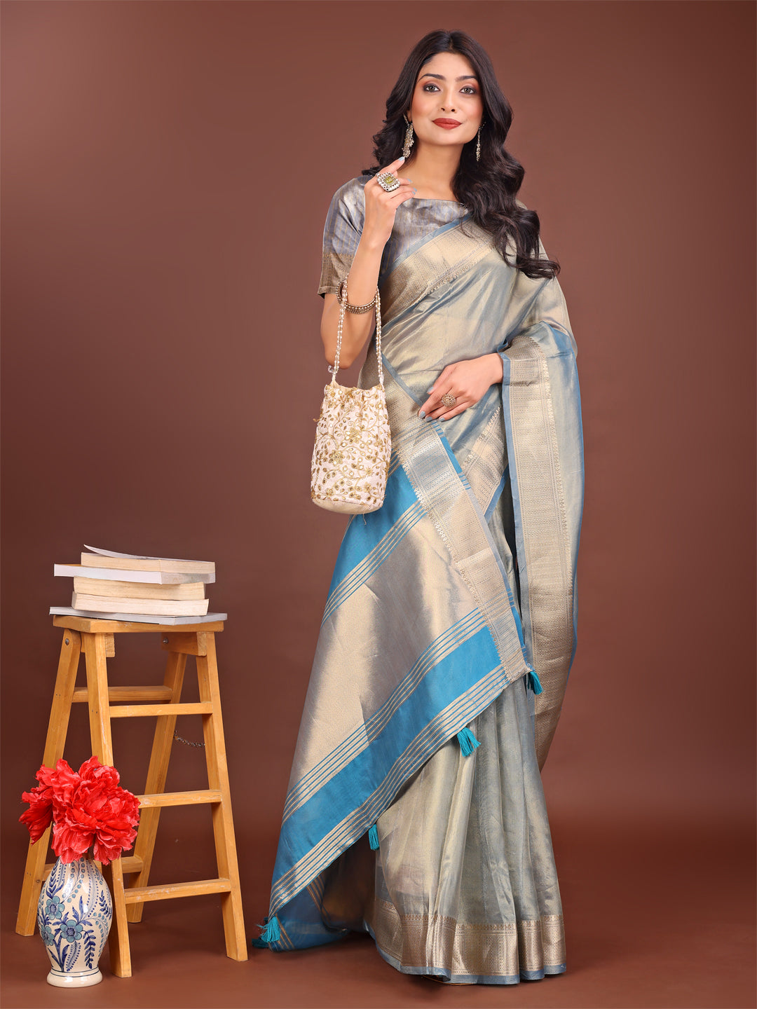Astita Elegant Grey & Sky Blue Organza Saree with Rich Zari Border & Pallu Tassels | Premium Partywear Saree for Women
