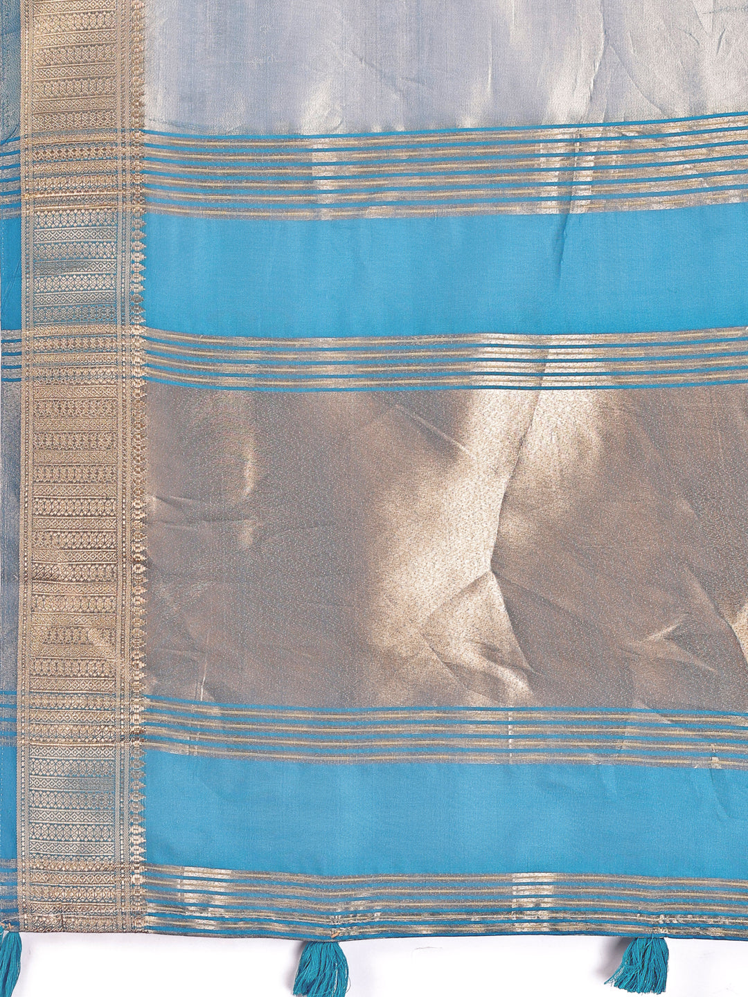 Astita Elegant Grey & Sky Blue Organza Saree with Rich Zari Border & Pallu Tassels | Premium Partywear Saree for Women