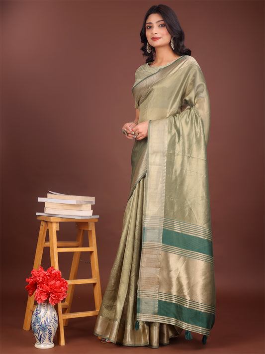 Astita Elegant Light Green & Green Organza Saree with Rich Zari Border & Pallu Tassels | Premium Partywear Saree for Women