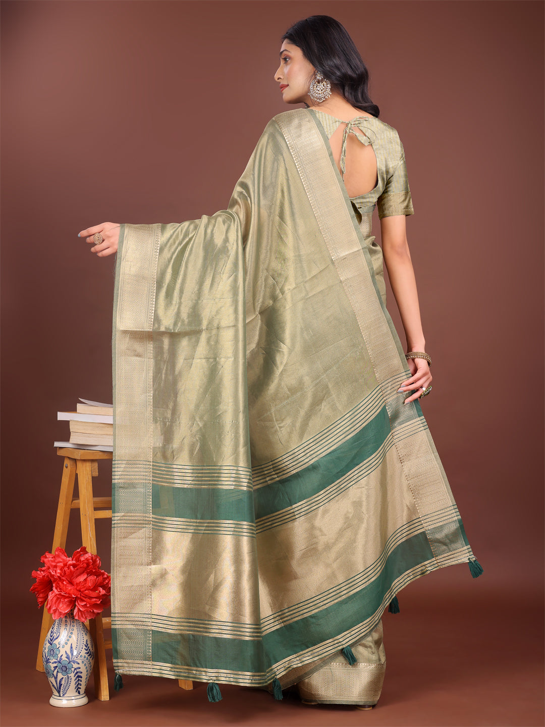 Astita Elegant Light Green & Green Organza Saree with Rich Zari Border & Pallu Tassels | Premium Partywear Saree for Women