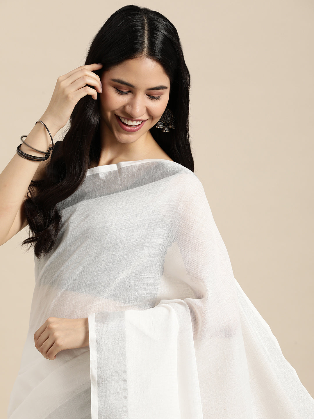 Off White Woven Linen Blend Saree with Silver Zari