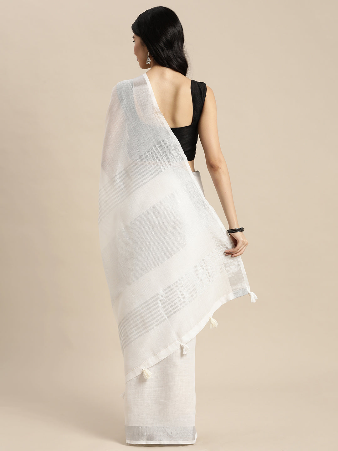 Off White Woven Linen Blend Saree with Silver Zari