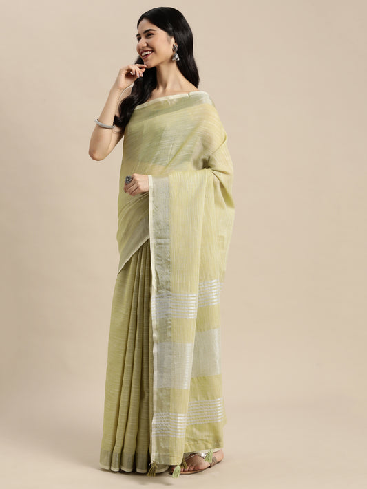 Astita Elegant Olive Green Woven Linen Saree with Contrast Zari Border & Tassels – Soft & Breathable Party Wear