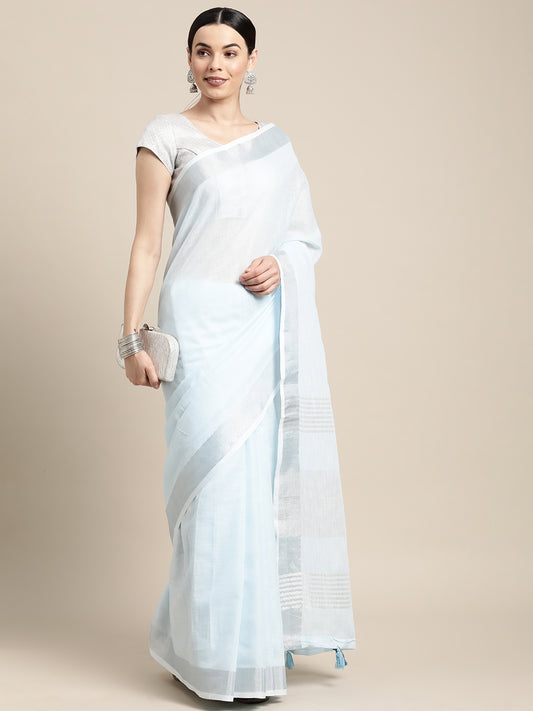 Astita Elegant Sky Blue Woven Linen Saree with Contrast Zari Border & Tassels – Soft & Breathable Party Wear