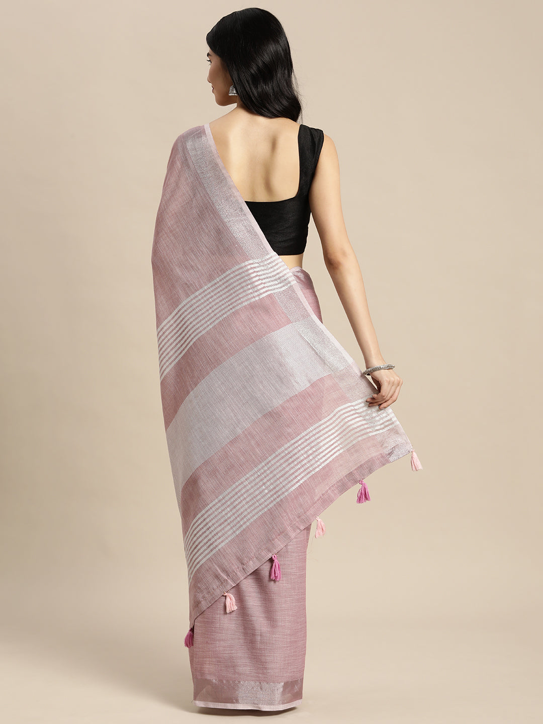 Astita Elegant Mauve Woven Linen Saree with Contrast Zari Border & Tassels – Soft & Breathable Party Wear