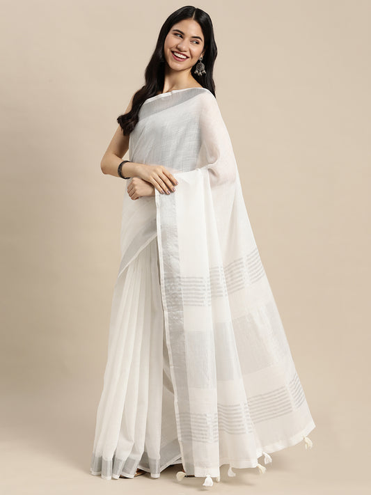 Astita Elegant White Woven Linen Saree with Contrast Zari Border & Tassels – Soft & Breathable Party Wear