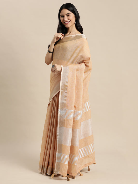 Astita Elegant Tan Woven Linen Saree with Contrast Zari Border & Tassels – Soft & Breathable Party Wear