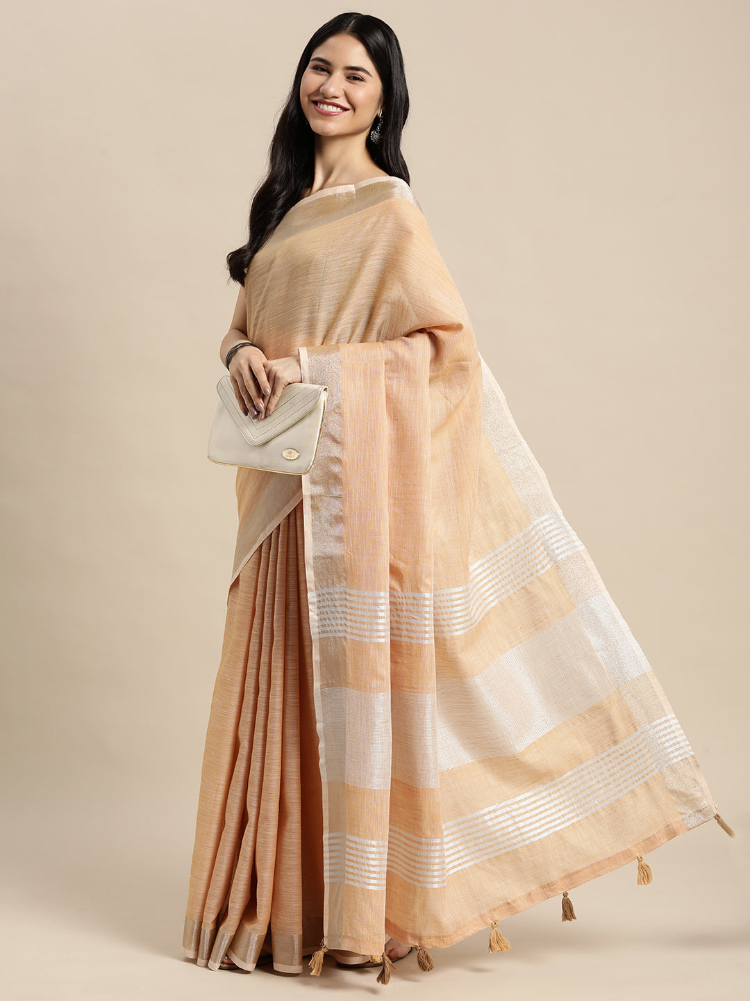 Elegant Tan Woven Linen Saree with Contrast Zari Border & Tassels – Soft & Breathable Party Wear