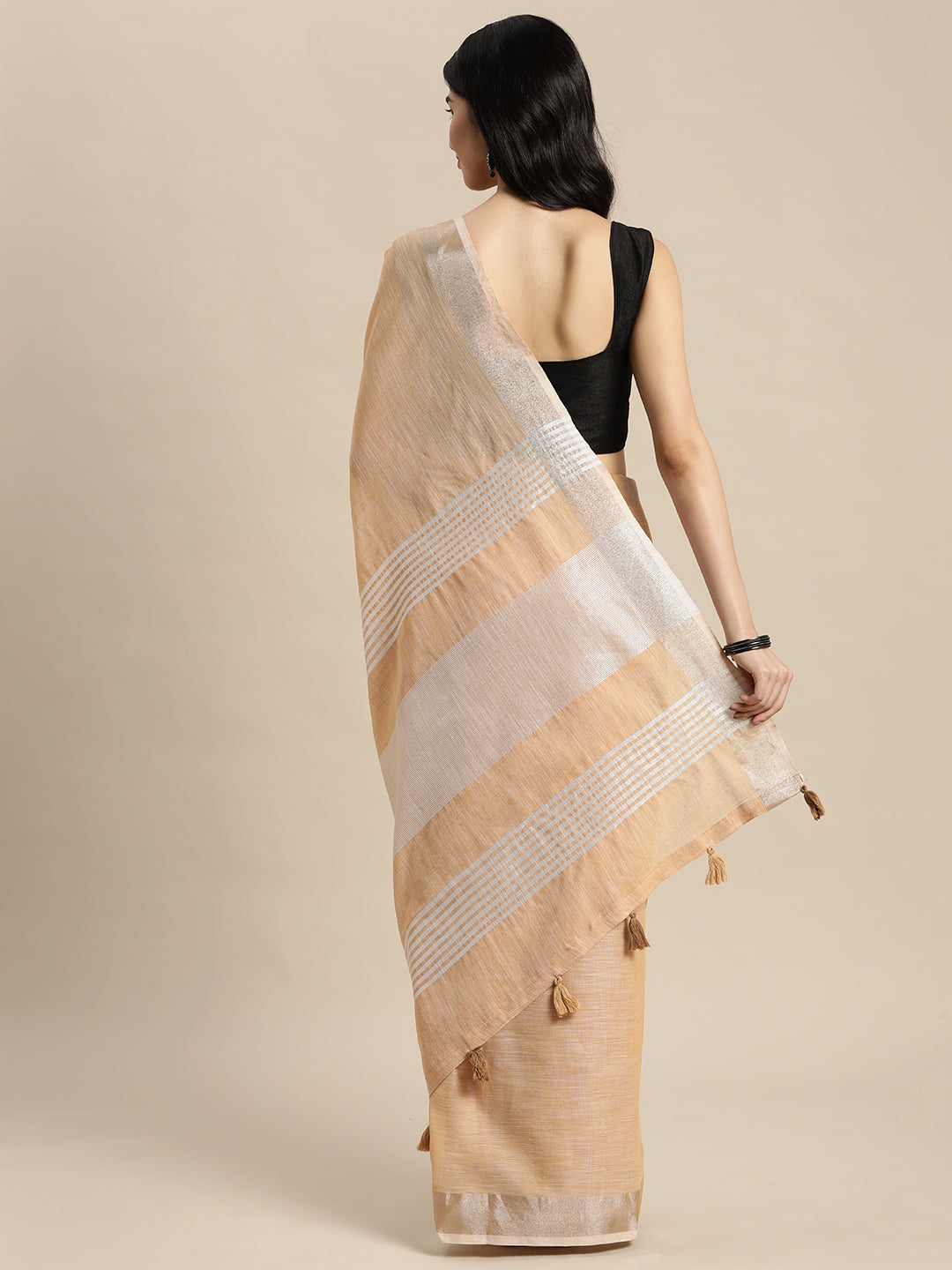 Elegant Tan Woven Linen Saree with Contrast Zari Border & Tassels – Soft & Breathable Party Wear