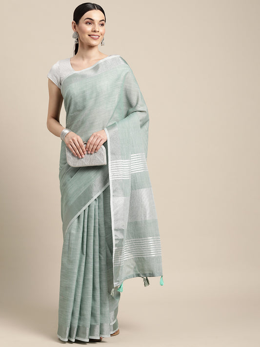 Elegant Sea Green Woven Linen Saree with Contrast Zari Border & Tassels – Soft & Breathable Party Wear